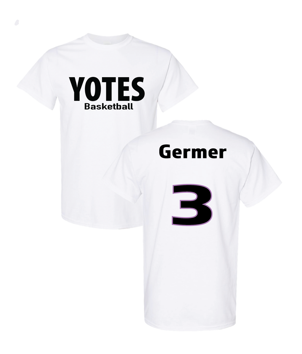 White t-shirt with 'YOTES Basketball' and 'Germer 3' printed on it.