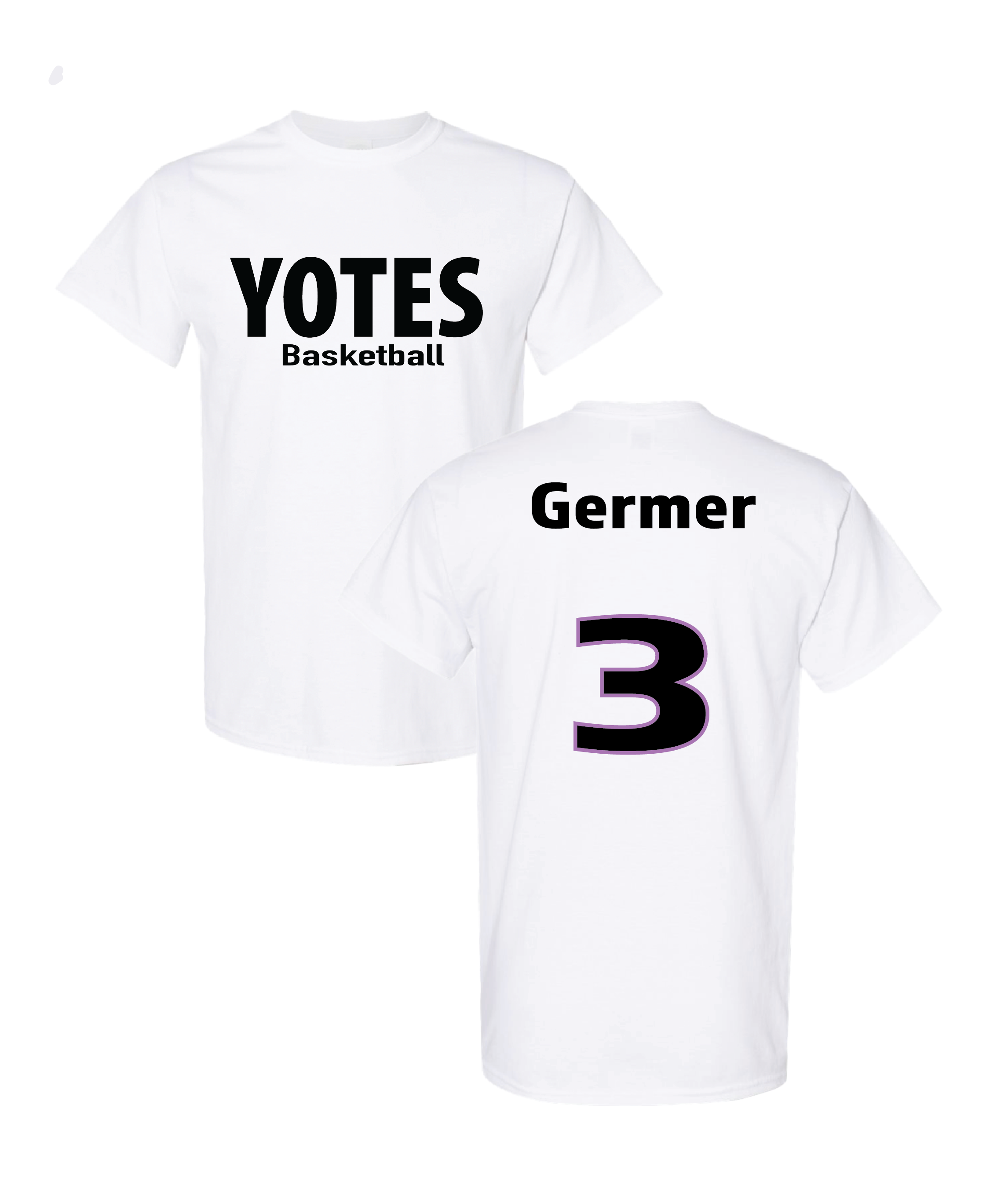 White t-shirt with 'YOTES Basketball' and 'Germer 3' printed on it.